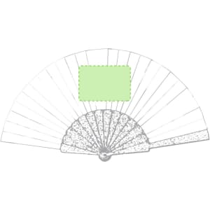 A hand fan with a decorative base and multiple folded sections, featuring a blank area for custom branding.