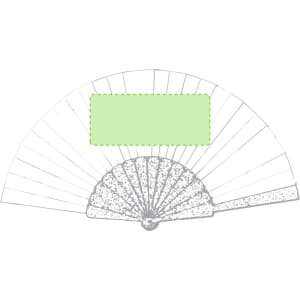 A green Lencer hand fan with a decorative handle and multiple folds, featuring a blank space for custom branding.
