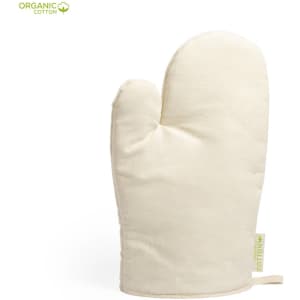 A cream kitchen mitten made from organic cotton, featuring a loop for hanging and a simple design.