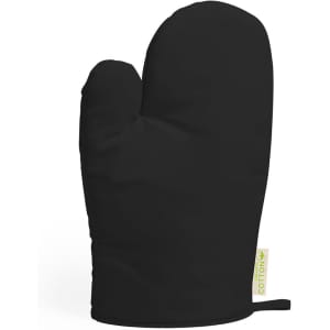 A black kitchen mitten with a textured exterior and a hanging loop. It features a branding label.