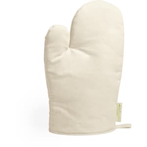 A cream-coloured kitchen mitten with a green logo label, featuring a single, padded design.