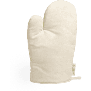 A cream kitchen mitten with a fabric texture and a small label on the side.
