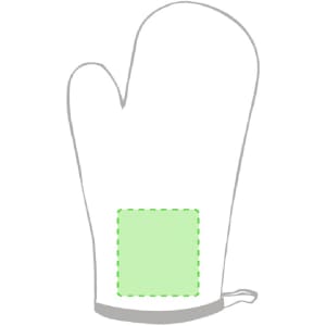 A green and grey oven mitt with a quilted design and a hanging loop. It features a blank area for customisation.