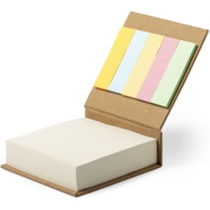 A notepad with a brown cardboard cover and multi-coloured sticky tabs in pastel shades on top.