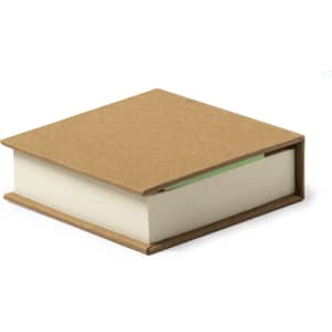 A brown notepad with a sturdy cover and white pages, featuring a small green section on the side.