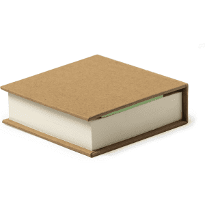 A notepad with a brown cardboard cover and white pages, featuring a simple design and no visible branding.
