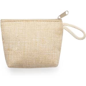A textured beige pouch with a zip closure and a loop handle, featuring a small logo.