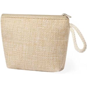 A beige fabric purse with a textured surface and a zipper closure, featuring a rope handle.