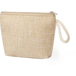 A beige woven purse with a zip closure and a rope handle, featuring a textured fabric design.