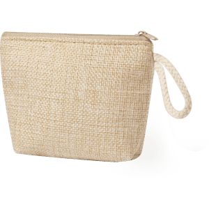 A textured beige purse with a zip closure and a wrist strap, featuring a simple, elegant design.