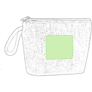 A green and grey purse with a zip closure and a wrist strap, featuring a blank square for branding.
