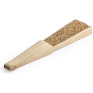 A wooden hand fan featuring a textured surface with a natural finish. It has a simple design and a comfortable grip.