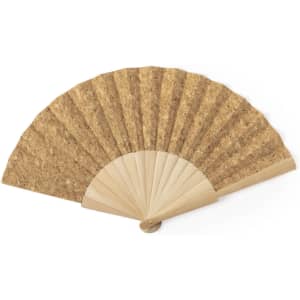 A hand fan featuring a natural cork design with light wooden ribs and a circular base.