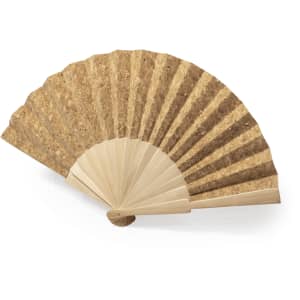 A hand fan with a natural cork design and wooden frame, featuring a radial pleated shape.