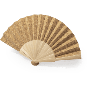 A hand fan in natural tones with a textured surface and a wooden handle, featuring a logo.
