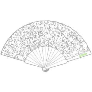 A decorative hand fan featuring a patterned fabric in shades of white and light green, with a branding logo on the handle.