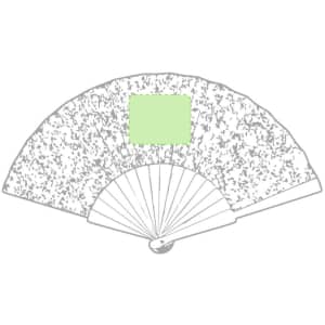 A hand fan with a patterned design, featuring a light green square centre and a wooden handle.