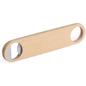 A drink bottle opener made of light wood, featuring two circular holes and a metal opener section. It has a logo.