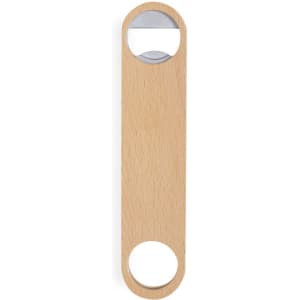 A drink bottle opener with a wooden body and a metallic opener, featuring a logo.