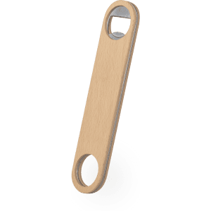 A drink bottle opener with a wooden handle and stainless steel end, featuring a circular hole for keyring attachment.