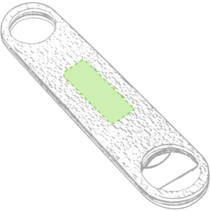 A drink bottle opener featuring a wooden design with a green rectangular section and two round openings.