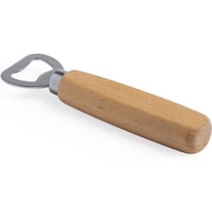A drink bottle opener with a silver metal head and a light wooden handle, featuring a branding logo.