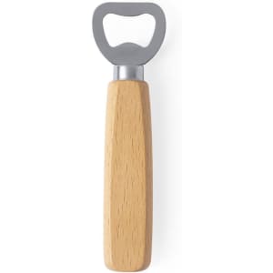 A drink bottle opener with a stainless steel head and a wooden handle. It features a logo on the handle.