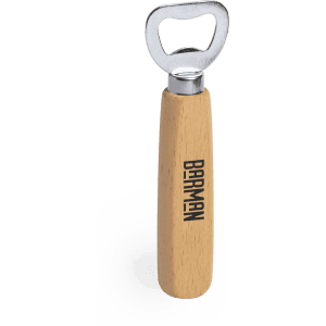 A drink bottle opener with a wooden handle and metal cap remover, featuring a logo.