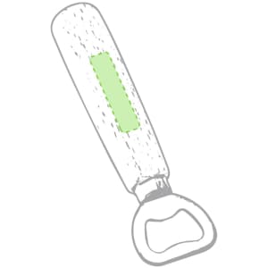 A drink bottle opener in a light green and silver design, featuring a logo on the handle.