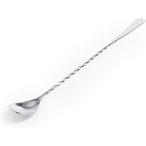 A stainless steel drink stirrer with a twisted handle. It features a round spoon end and has a sleek, polished finish.