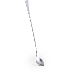 A sleek, silver drink stirrer with a long handle and a decorative design. It features a logo on the surface.