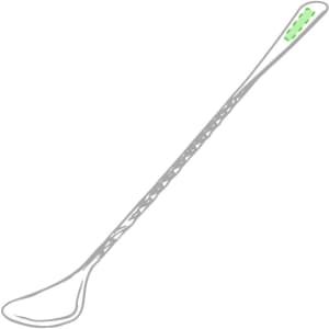 A drink stirrer in silver with a green accent, featuring a unique design and a functional, elongated shape.
