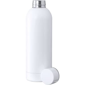 A drink bottle in white with a silver lid and a separate white cap. It features a logo.