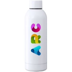 A drink bottle in white with a colourful logo design. It features an insulated, sleek shape.