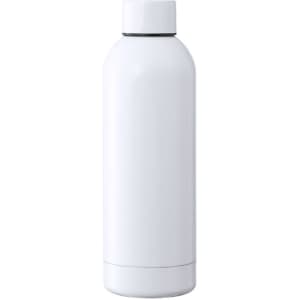 A drink bottle in sleek white with a cylindrical design and a cap, featuring a small logo or branding.