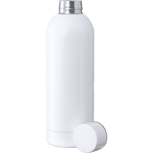 A drink bottle in white with a stainless steel lid, featuring a minimalist design and a smooth finish.
