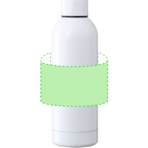 A drink bottle in white with a sleek design and a branding label area. Insulated for temperature retention.