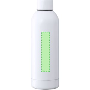 A drink bottle in white with a blank green highlighted area for custom designs, featuring a logo on the cap.
