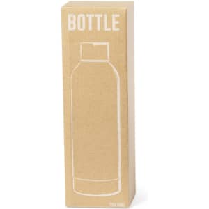 A drink bottle in a simple, sleek design with a kraft box packaging. The bottle features a logo.