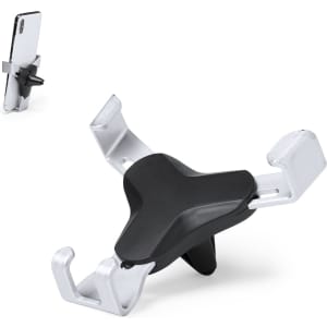 A black and silver car phone holder with adjustable grips, designed to securely hold smartphones.