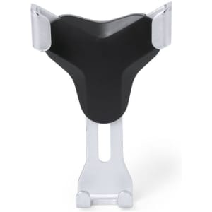 A car phone holder featuring a black and silver design, designed to securely hold mobile devices.