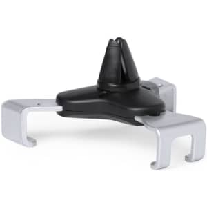 A black and silver car phone holder with adjustable clips and a central knob for stability. It features a simple design.