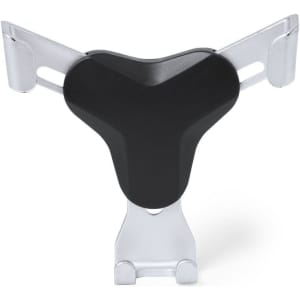 A car phone holder in black and silver, featuring a triangular design and sturdy clips for securing devices.