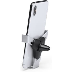 A car phone holder in black and silver, designed to securely hold smartphones. Features a branding logo.