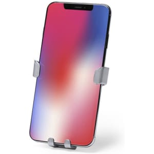 A sleek silver car phone holder with adjustable grips, displaying a vibrant smartphone screen in pink and blue hues.