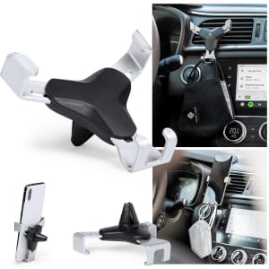 A car phone holder in black and silver, with adjustable grips for secure device placement, and a logo featured.