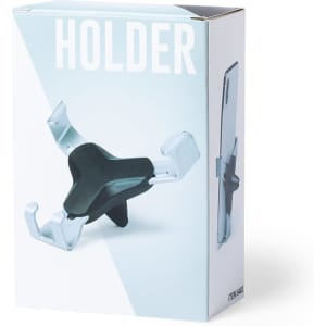 A silver and black car phone holder displayed in a sleek packaging box with a logo.