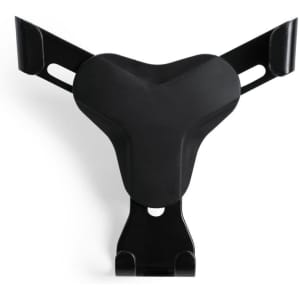 A black car phone holder with a triangular design and adjustable arms for secure device placement.