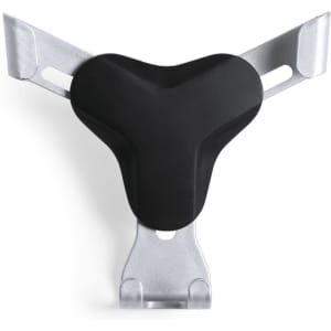 A black and silver car phone holder with a triangle design and a metal base, featuring a logo on its surface.