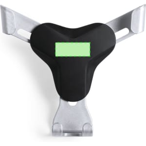 A black and silver car phone holder with a central mount and a placeholder area for branding.